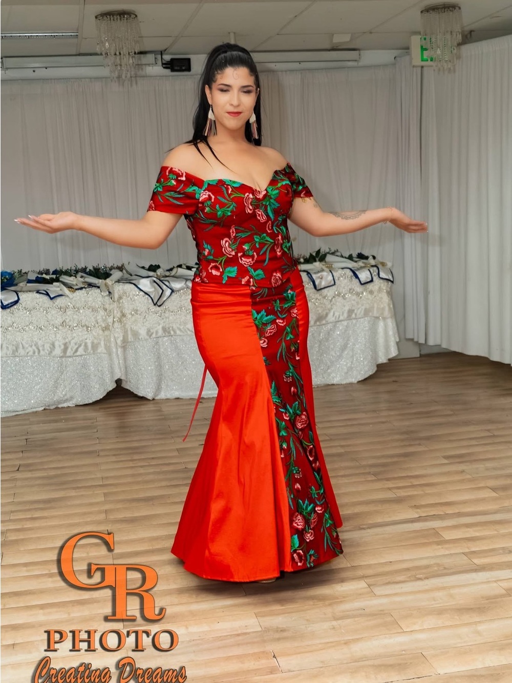 Red Floral Off-Shoulder Mermaid Gown